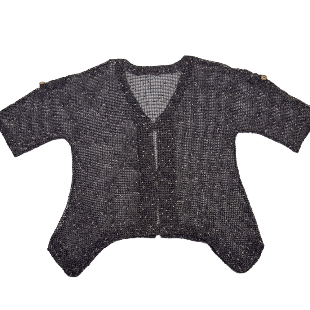 LULU B Boucle Mesh Topper Jacket Sheer Wood Button Lagenlook Boho Black Size M - Picture 4 of 14